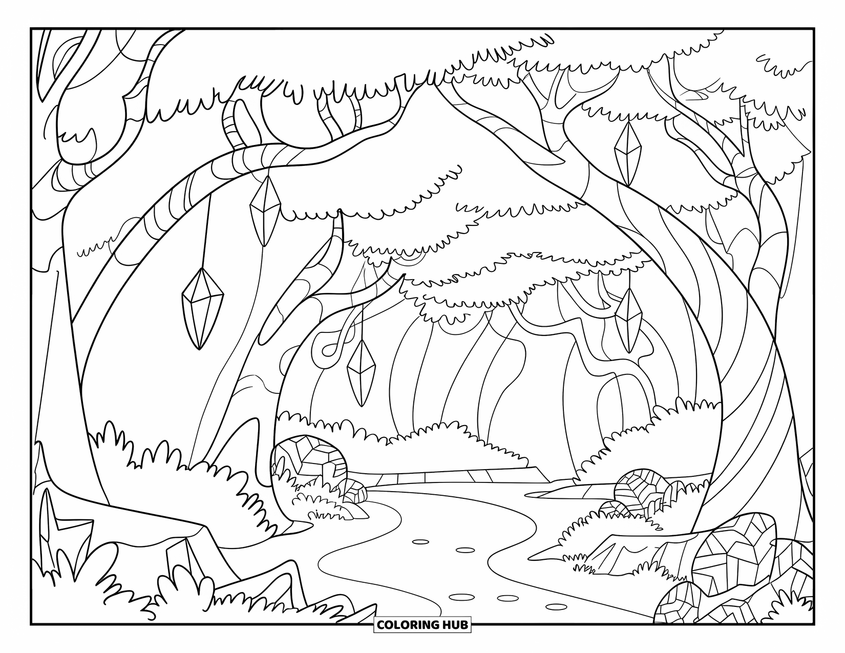 Magical Forest Coloring Page for Kids: A crystal-lit forest trail arches beneath leafy trees