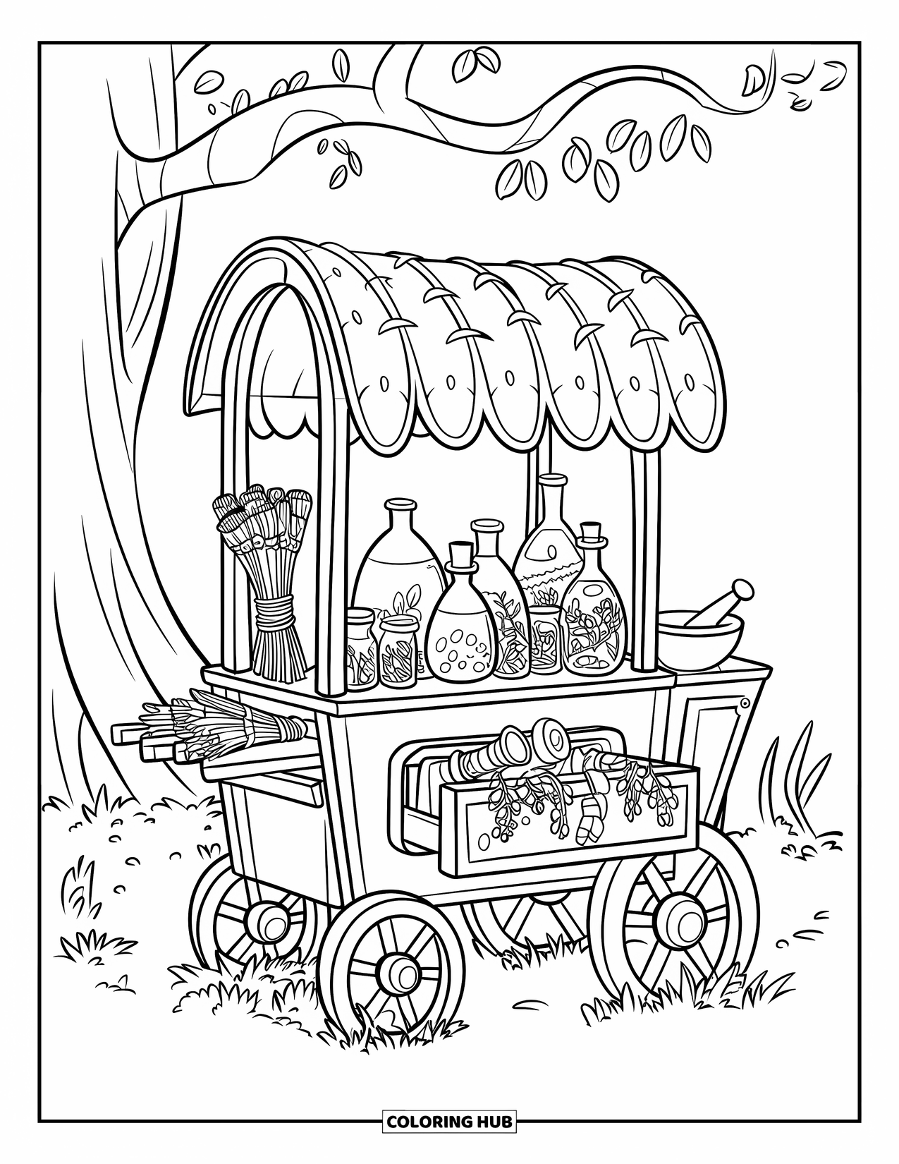 Magical Forest Coloring Page for Kids: A cute herb cart under a big tree, with jars and a pestle