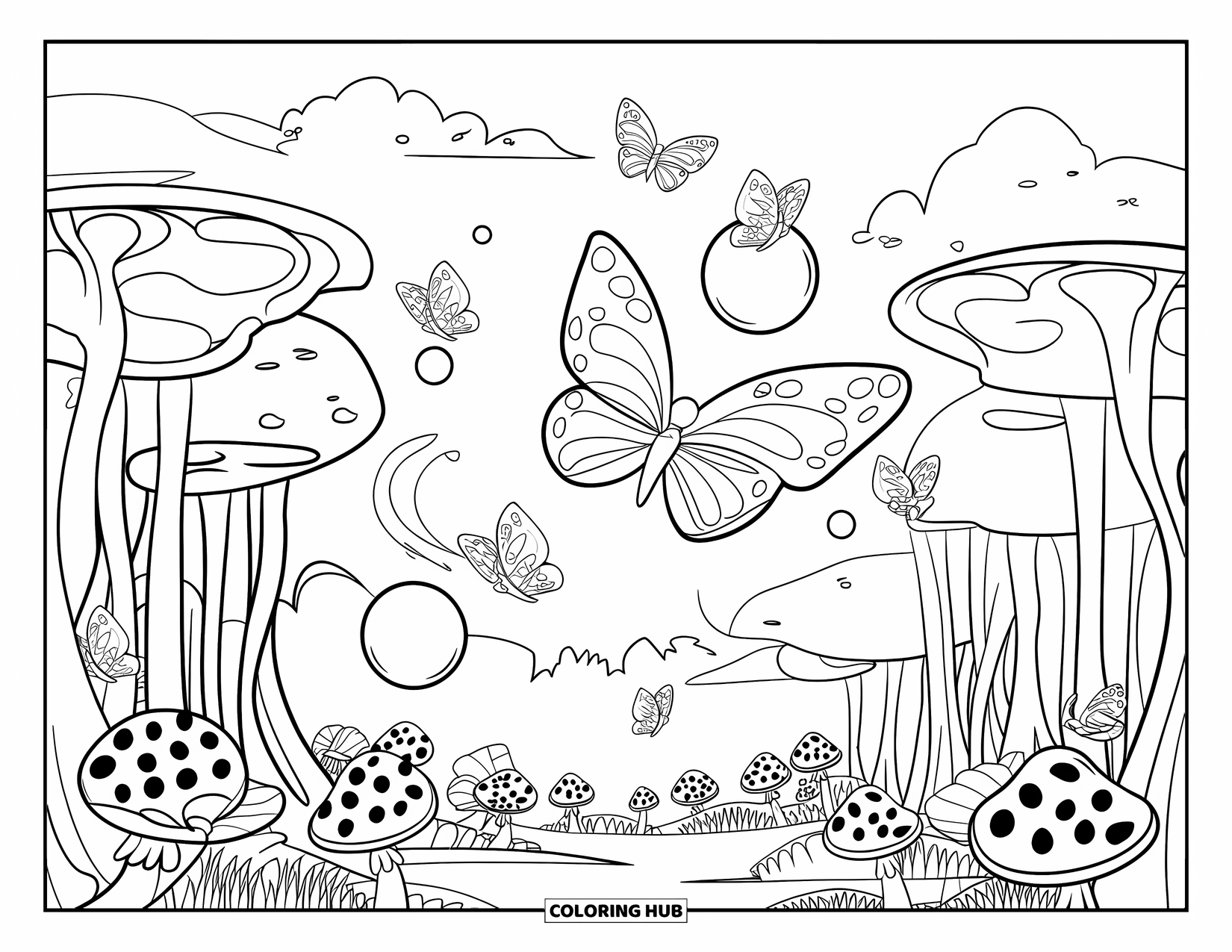 Magical Forest Coloring Page for Kids: A dreamy forest with orbs, butterflies, and spotted mushrooms