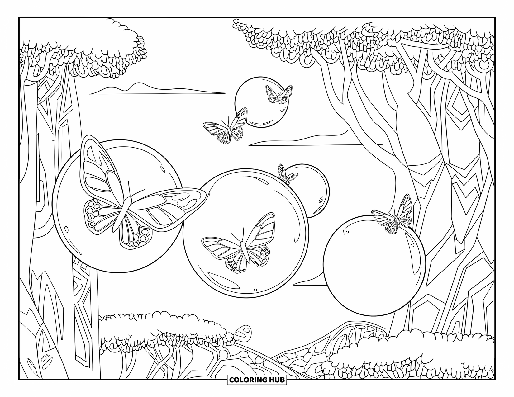 Magical Forest Coloring Page for Kids: A forest of glowing orbs and butterflies under lace-like trees