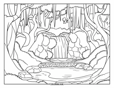 Magical Forest Coloring Page for Kids: A gentle forest waterfall trickles behind rocks and a stone bridge