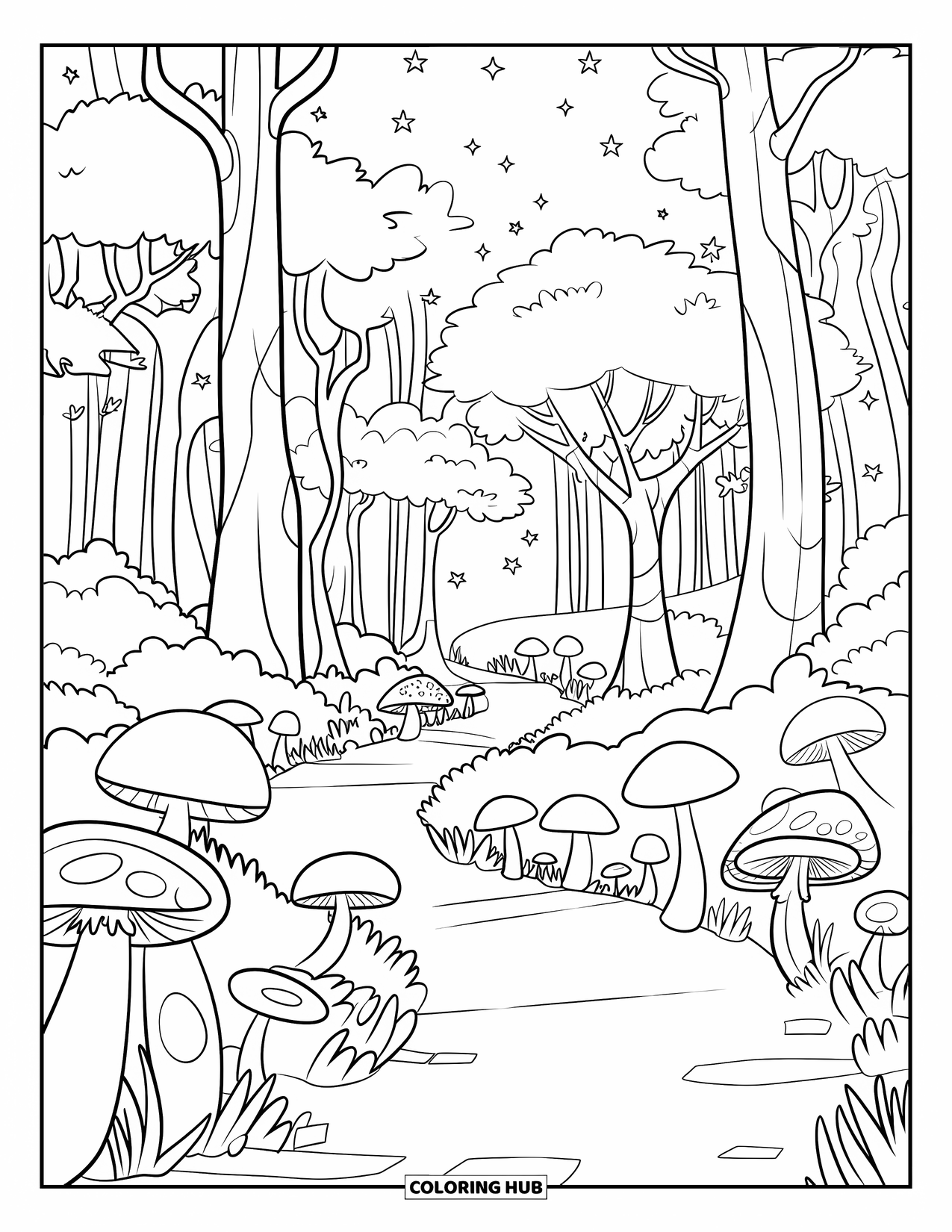 Magical Forest Coloring Page for Kids: A glowing forest trail winds through moss and tall trees