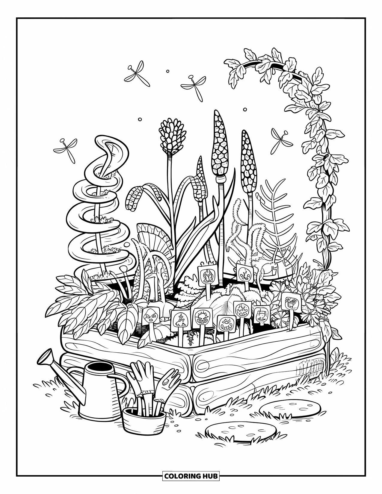 Magical Forest Coloring Page for Kids: A log planter filled with fantastical herbs and forest magic