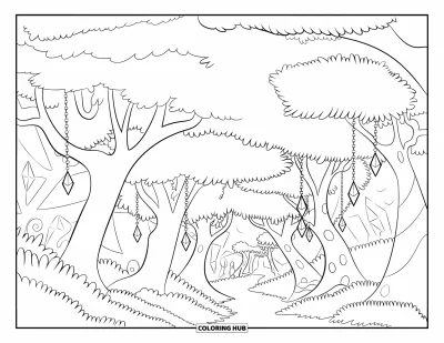 Magical Forest Coloring Page for Kids: A magical forest trail arches under glowing trees and crystals
