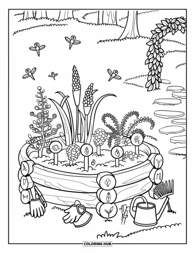 Magical Forest Coloring Page for Kids: A magical garden bed of spiral herbs and glowing fireflies