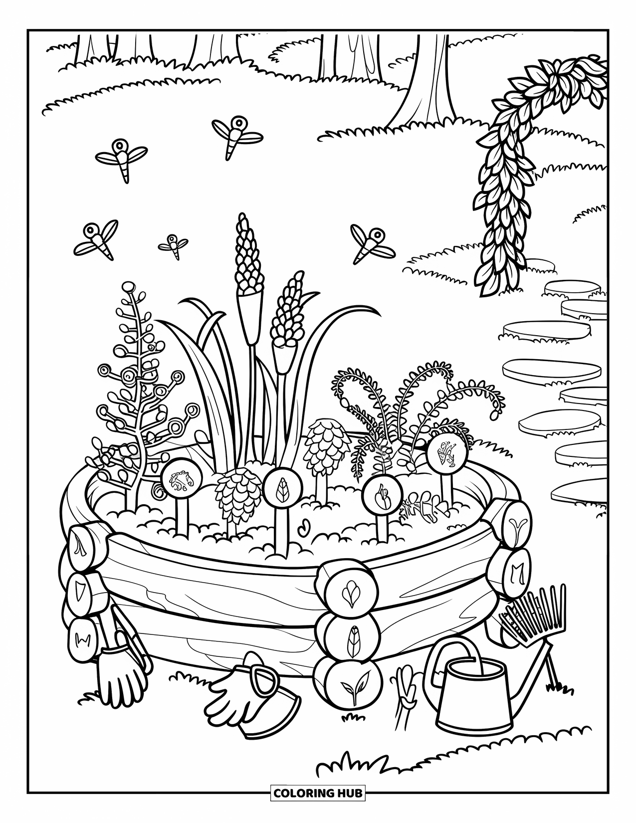 Magical Forest Coloring Page for Kids: A magical garden bed of spiral herbs and glowing fireflies