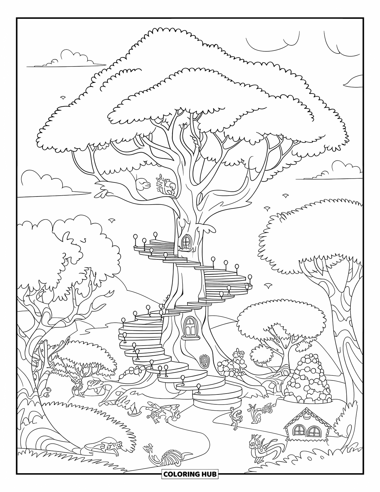 Magical Forest Coloring Page for Kids: A magical tree with spiral steps stands near a forest cottage
