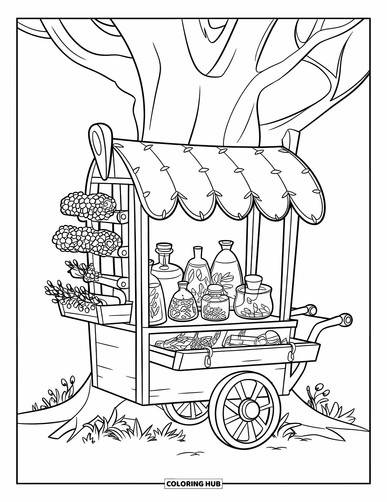 Magical Forest Coloring Page for Kids: A potion-filled pushcart with leafy canopy, scrolls, and dried flowers