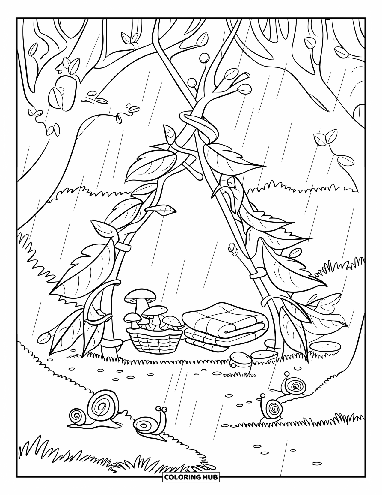 Magical Forest Coloring Page for Kids: A rainy day shelter made of leaves and branches in the woods