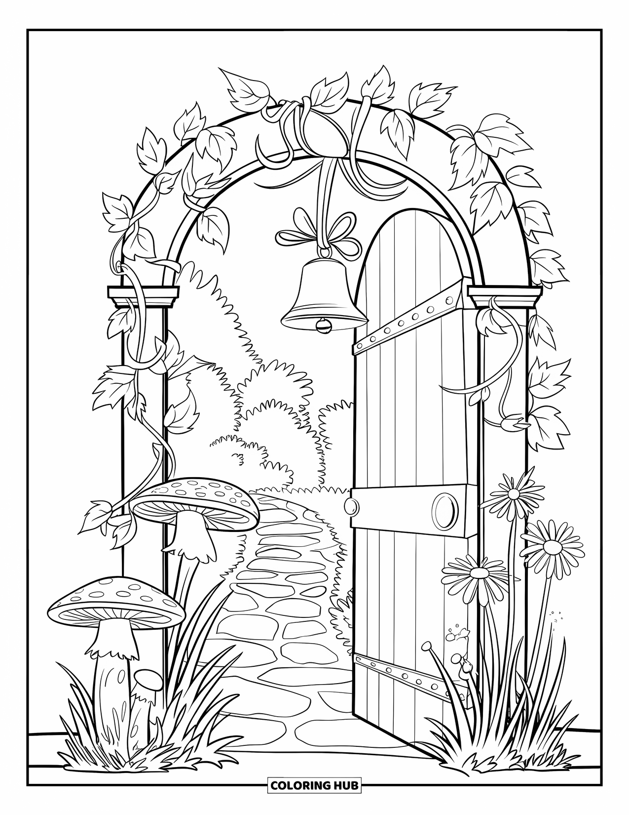 Magical Forest Coloring Page for Kids: A secret garden gate opens to a winding forest path and flowers