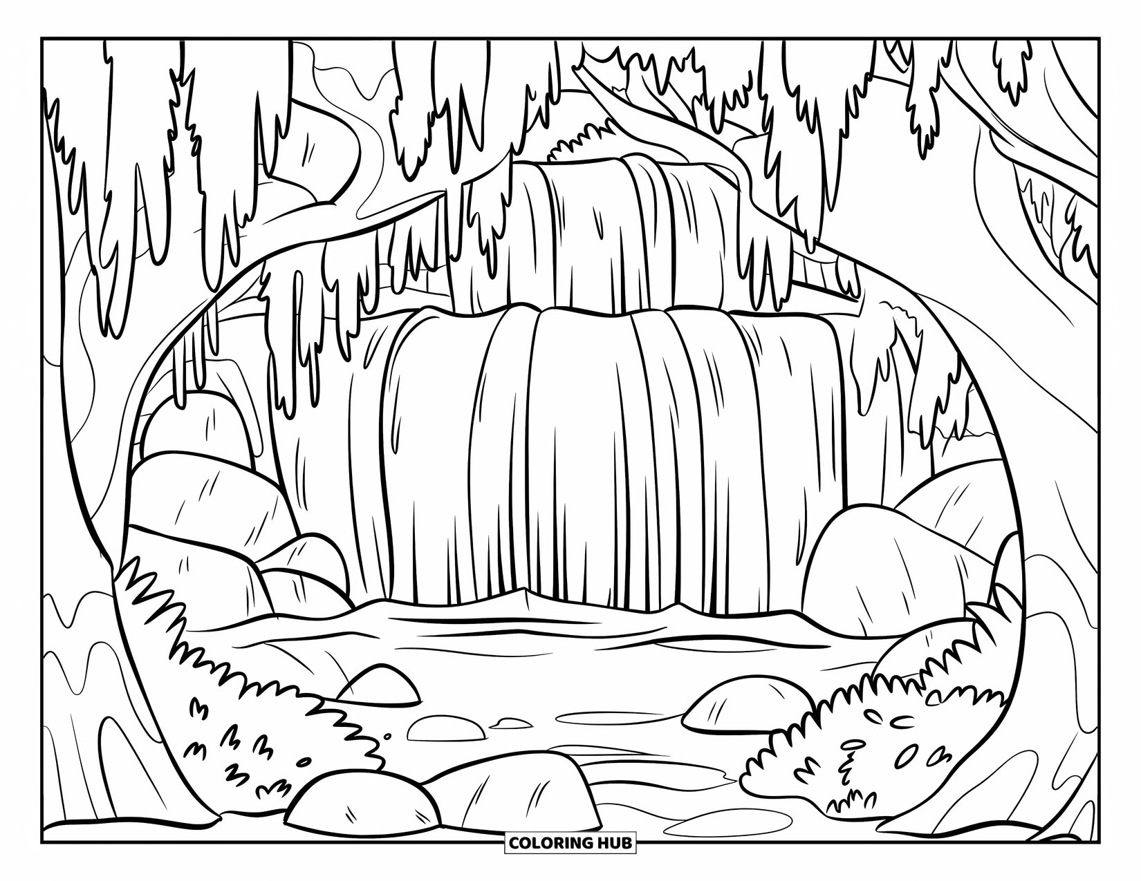 Magical Forest Coloring Page for Kids: A secret waterfall hides behind moss and stones in the woods