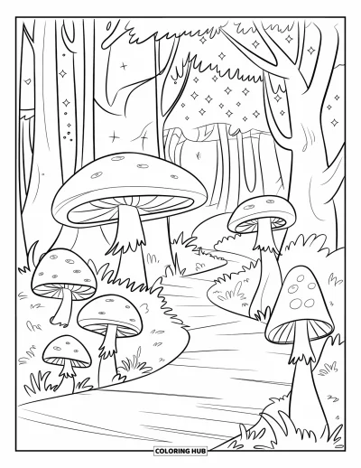 Magical Forest Coloring Page for Kids: A soft trail winds through glowing mushrooms and tall trees
