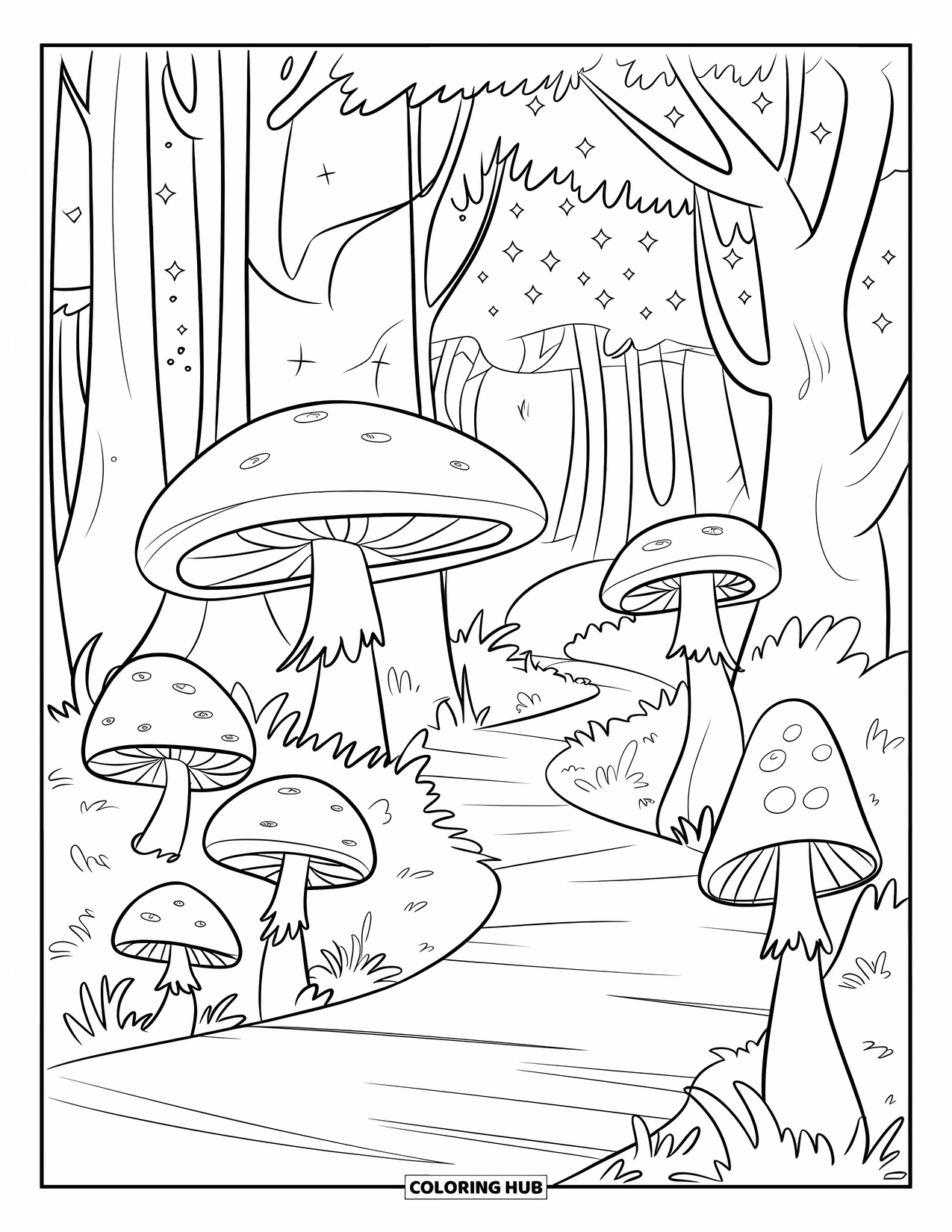 Magical Forest Coloring Page for Kids: A soft trail winds through glowing mushrooms and tall trees