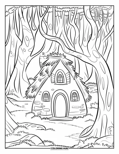 Magical Forest Coloring Page for Kids: A tiny forest cottage with vines, flowers, and twisted trees