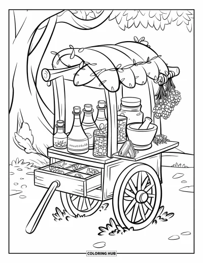 Magical Forest Coloring Page for Kids: A tiny potion cart under a tree, filled with jars and herbs
