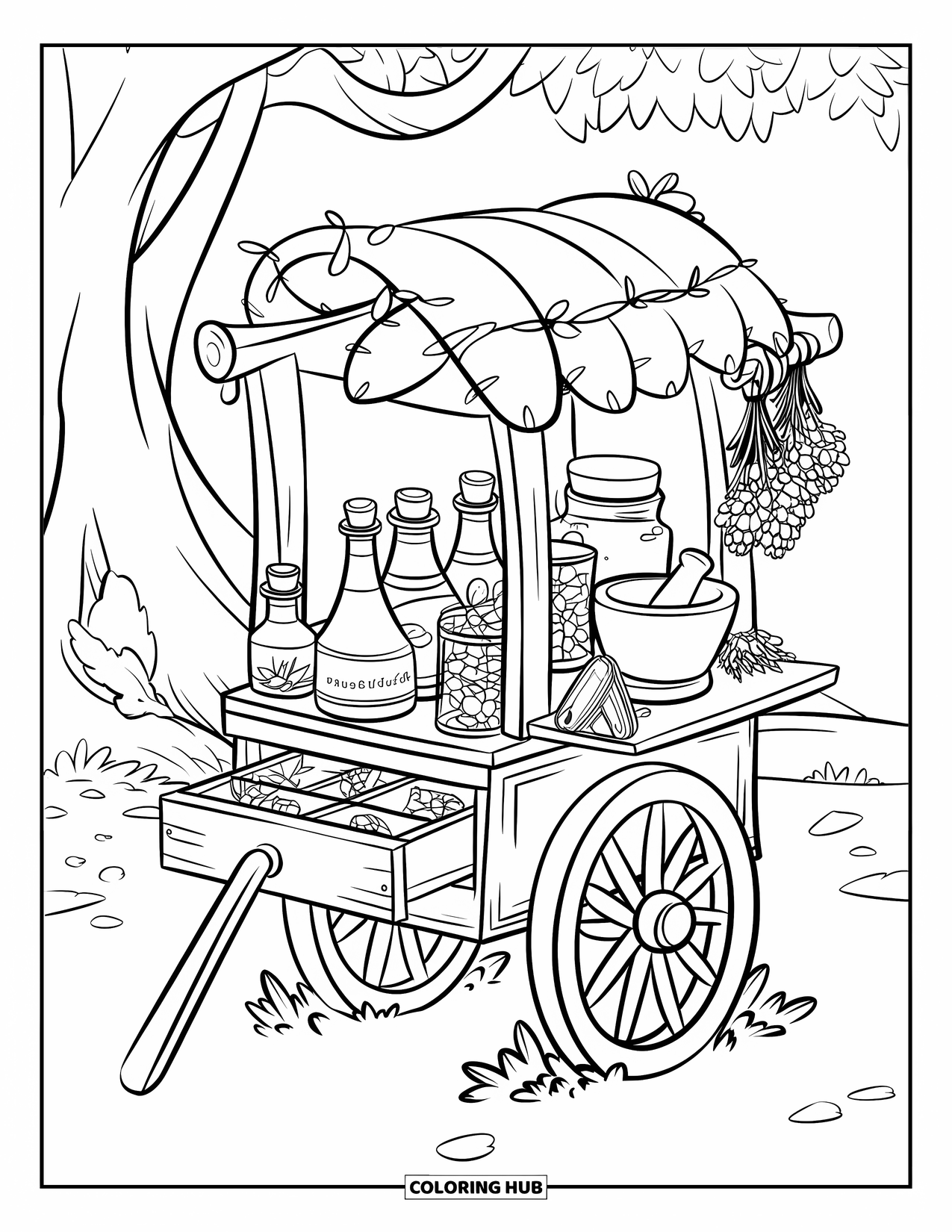Magical Forest Coloring Page for Kids: A tiny potion cart under a tree, filled with jars and herbs