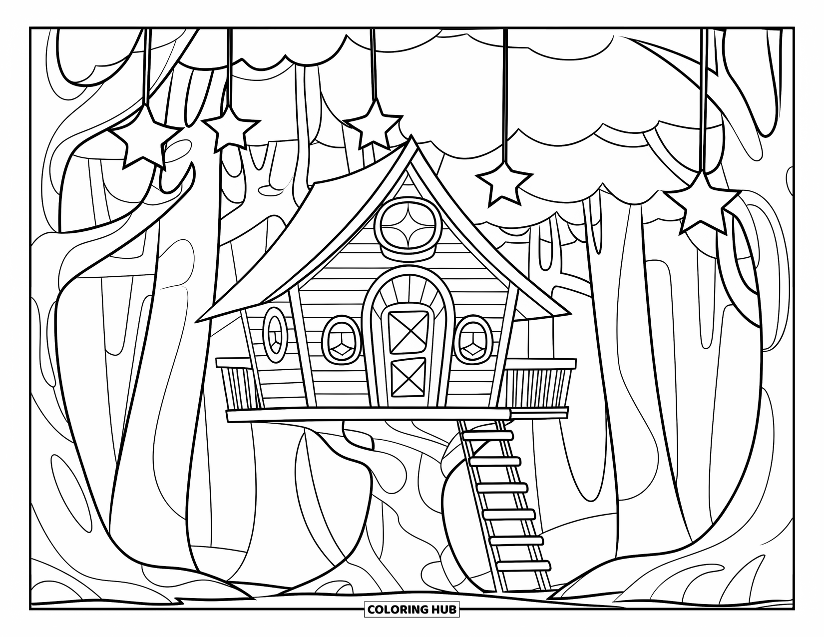 Magical Forest Coloring Page for Kids: A wooden ladder leads to a starlit treehouse among tall trees