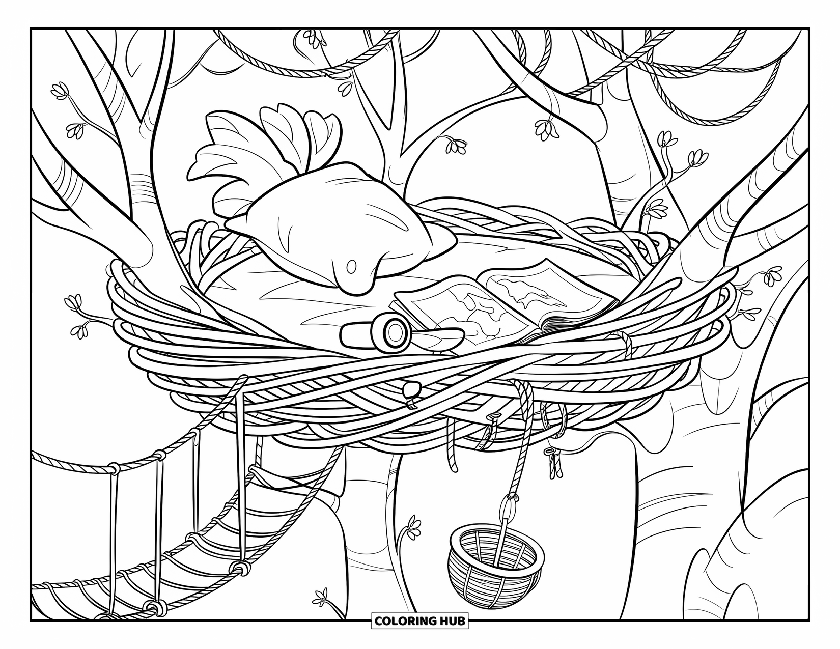 Magical Forest Coloring Page for Kids: A woven tree nest lookout surrounded by blooming vines and swinging bridges