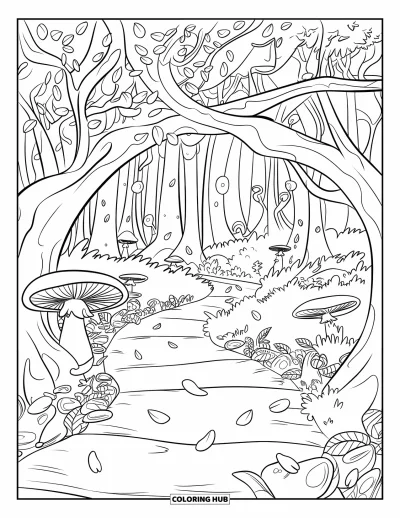 Magical Forest Coloring Page for Kids: Intertwined forest trees line a flower-strewn magical trail