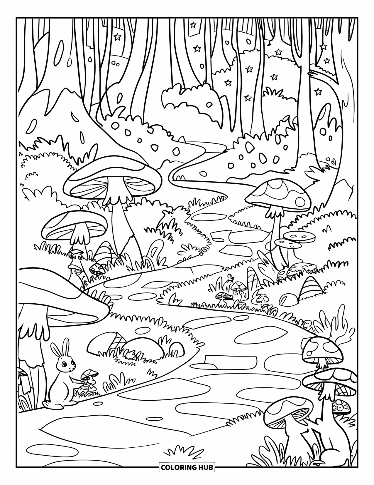 Magical Forest Coloring Page for Kids: Mushrooms light a winding trail under a starry forest sky