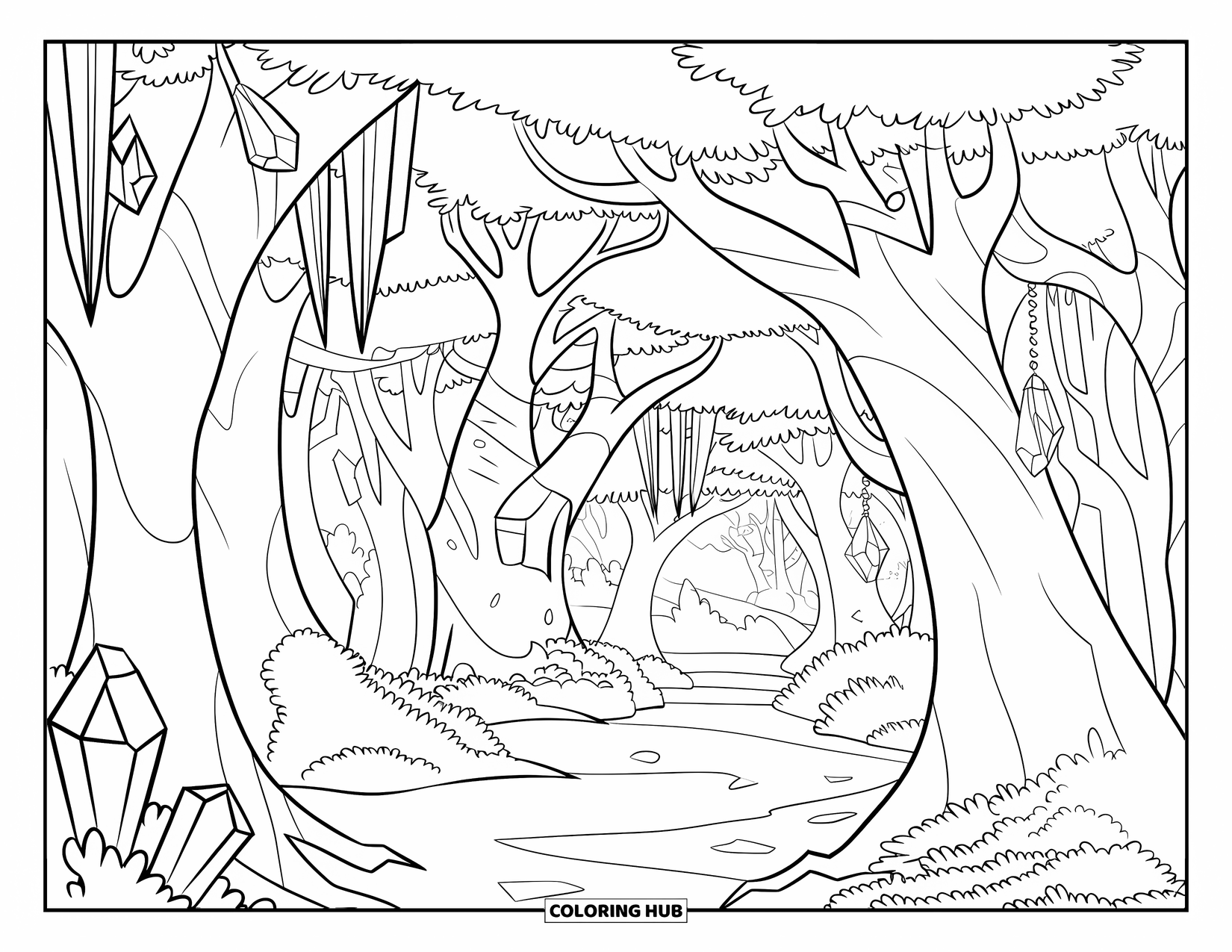 Magical Forest Coloring Page for Kids: Trees bend above a path lined with dangling crystals