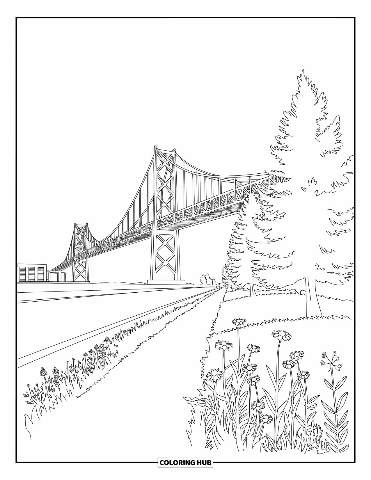 Michigan Coloring Page for Adults: Bridge towers and cables viewed from a grassy park with wildflowers