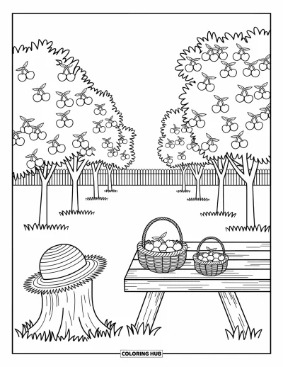 Coloriage du Michigan pour adultes : Verger de cerisiers avec des paniers de fruits et un chapeau de paille sur une souche