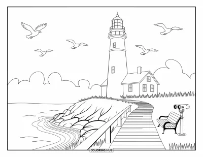 Coloriage du Michigan pour adultes : Phare classique sur des rochers avec herbe, vagues et mouettes planant au-dessus