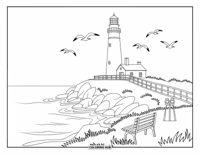 Coloriage du Michigan pour adultes : Phare au sommet d'une falaise avec un banc, des jumelles et une vue paisible sur le large