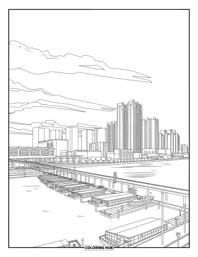 Coloriage du Michigan pour adultes : Panorama de Detroit de l'autre côté de la rivière avec de grands immeubles et des bateaux amarrés