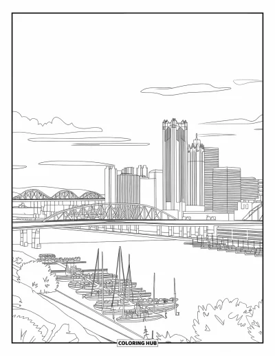 Coloriage du Michigan pour adultes : Vue sur le panorama de Detroit avec des ponts, des bateaux et les nuages du matin