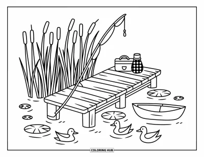 Coloriage du Michigan pour adultes : Ponton avec une canne à pêche, une boîte à matériel, un thermos et des canards à proximité