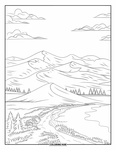 Coloriage du Michigan pour adultes : Vaste étendue des dunes de Sleeping Bear avec des arbres, un chemin et vue sur le lac