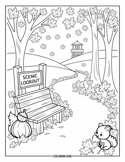 Coloriage du Michigan pour adultes : Sentier forestier en automne avec un banc, un écureuil et un panneau indicateur