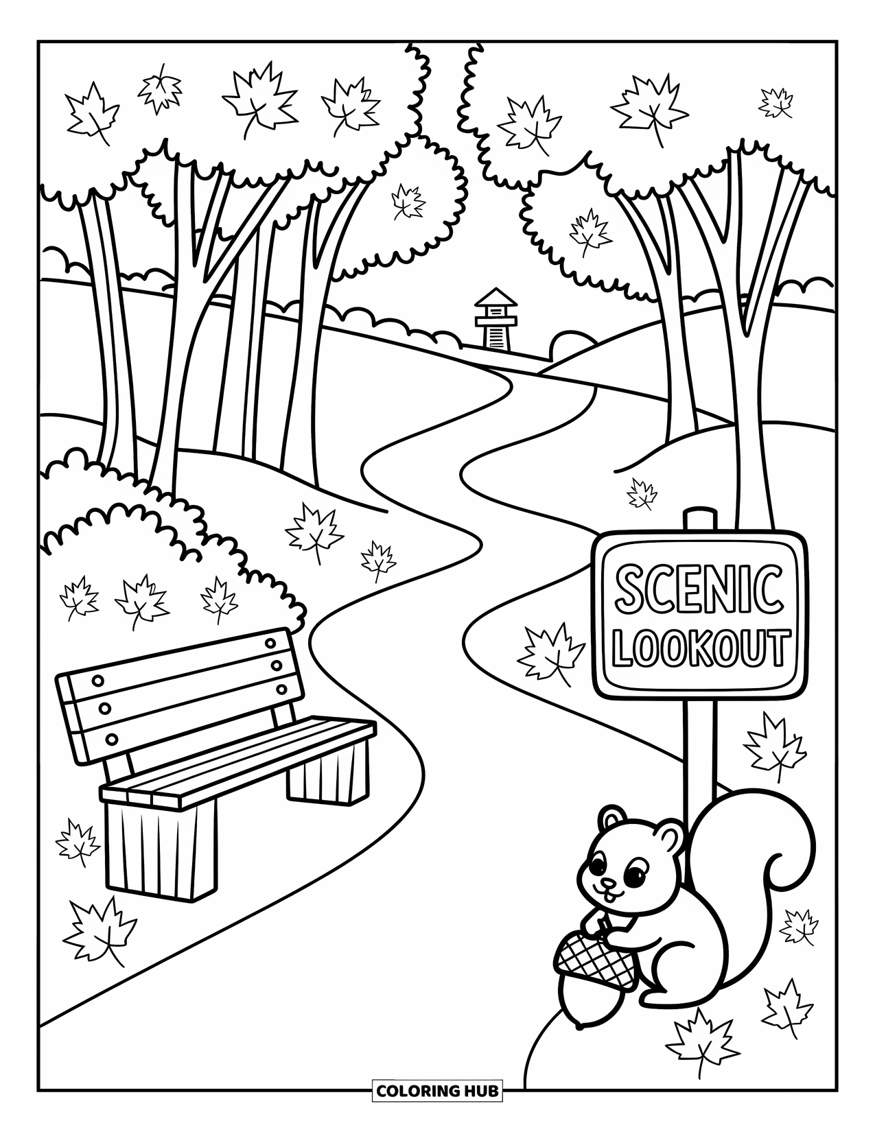 Michigan Coloring Page for Adults: Forest trail in autumn with falling leaves, a bench, and a signpost