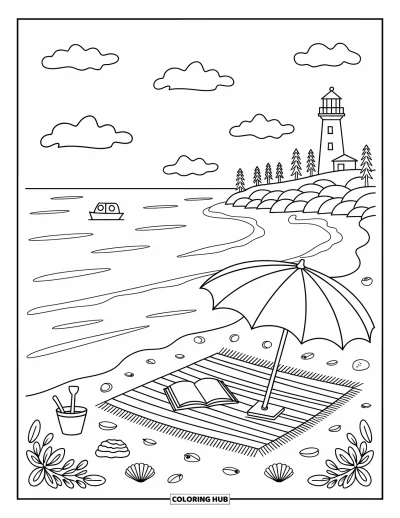 Coloriage du Michigan pour adultes : Plage du lac Michigan avec un parasol, une couverture et des coquillages sur le sable