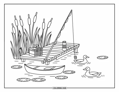 Coloriage du Michigan pour adultes : Ponton au bord du lac avec une canne à pêche, un panier, un thermos et des canards qui dérivent