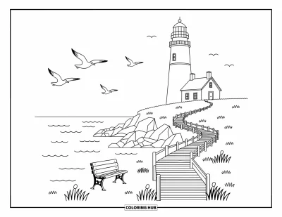 Coloriage du Michigan pour adultes : Phare sur une falaise rocheuse avec une passerelle en bois et des mouettes au-dessus