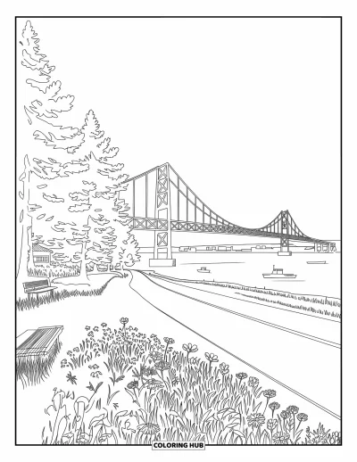 Coloriage du Michigan pour adultes : Vue sur le pont Mackinac depuis un parc avec des fleurs sauvages, un chemin et des pins