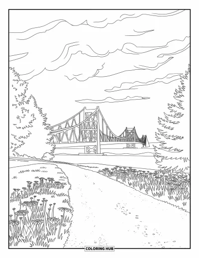 Coloriage du Michigan pour adultes : Vue sur le pont Mackinac depuis un chemin de gravier, avec des fleurs sauvages et un ciel nuageux