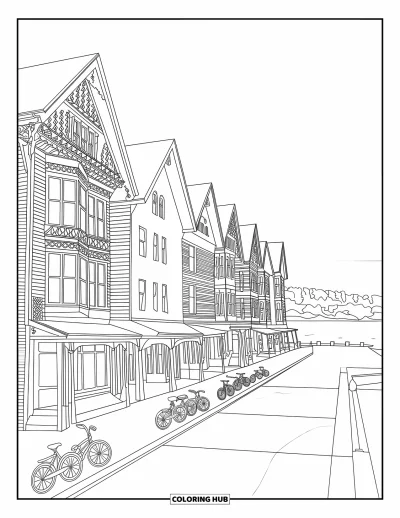 Coloriage du Michigan pour adultes : Scène du centre-ville de Mackinac Island avec des bâtiments victoriens et vue sur l'eau