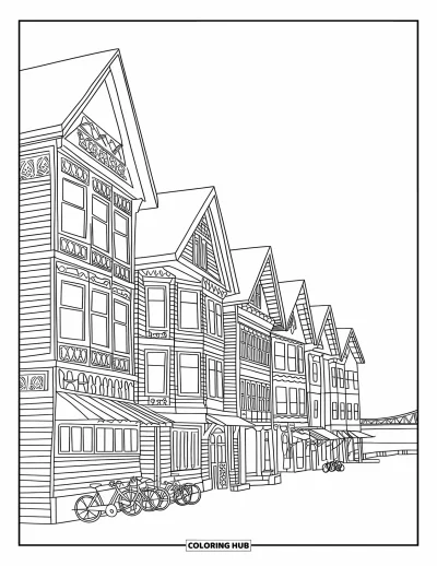 Coloriage du Michigan pour adultes : Centre-ville de Mackinac Island avec des bâtiments victoriens et des vélos garés