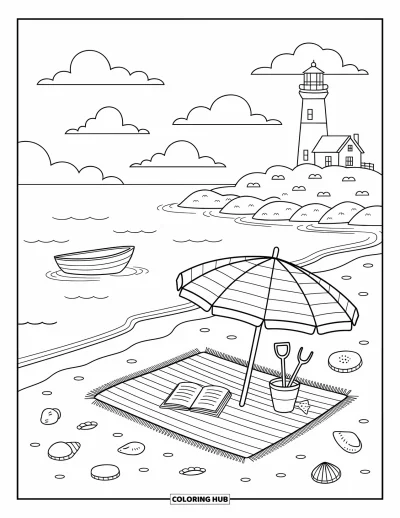 Coloriage du Michigan pour adultes : Pique-nique sur la rive avec un parasol rayé et un phare à proximité