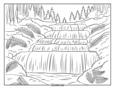 Coloriage du Michigan pour adultes : Puissantes chutes de Tahquamenon s'écoulant à travers une forêt aux arbres couverts de mousse