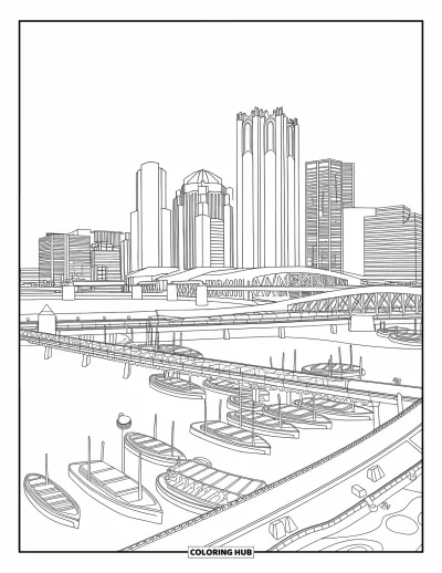 Coloriage du Michigan pour adultes : Panorama de Detroit en bord de rivière avec des bateaux, des ponts et des détails graphiques