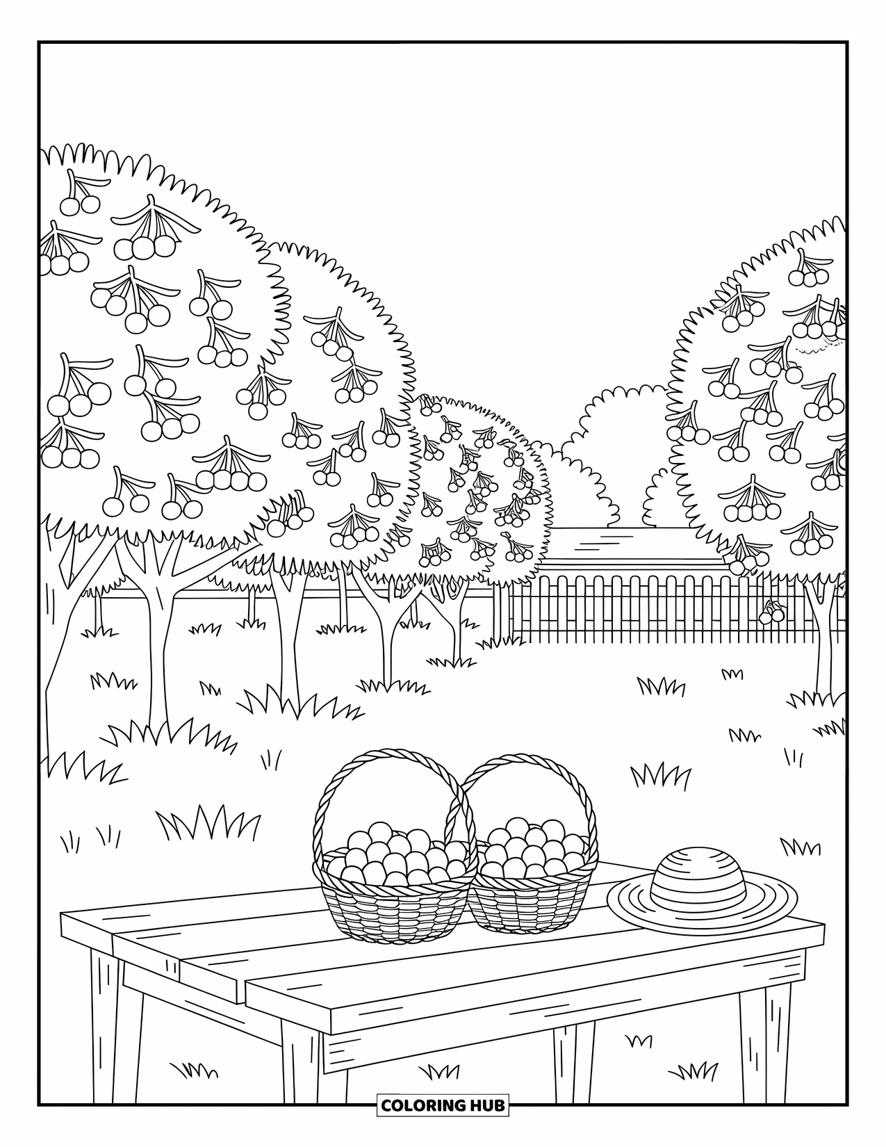 Michigan Coloring Page for Adults: Rows of cherry trees with baskets of fruit and a rustic stump