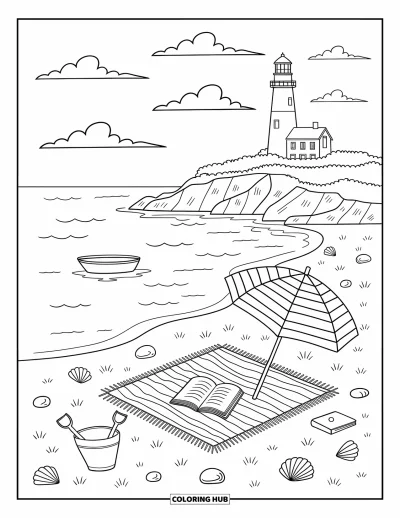 Coloriage du Michigan pour adultes : Plage de sable avec une installation de pique-nique, un phare et un petit bateau sur le lac