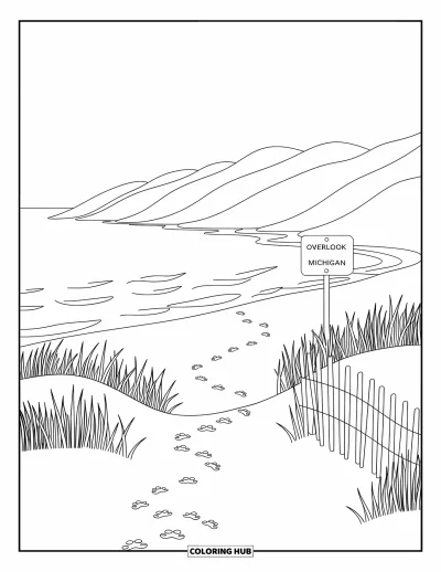 Coloriage du Michigan pour adultes : Dunes de Sleeping Bear avec des empreintes menant à un panneau en bois sur un sentier