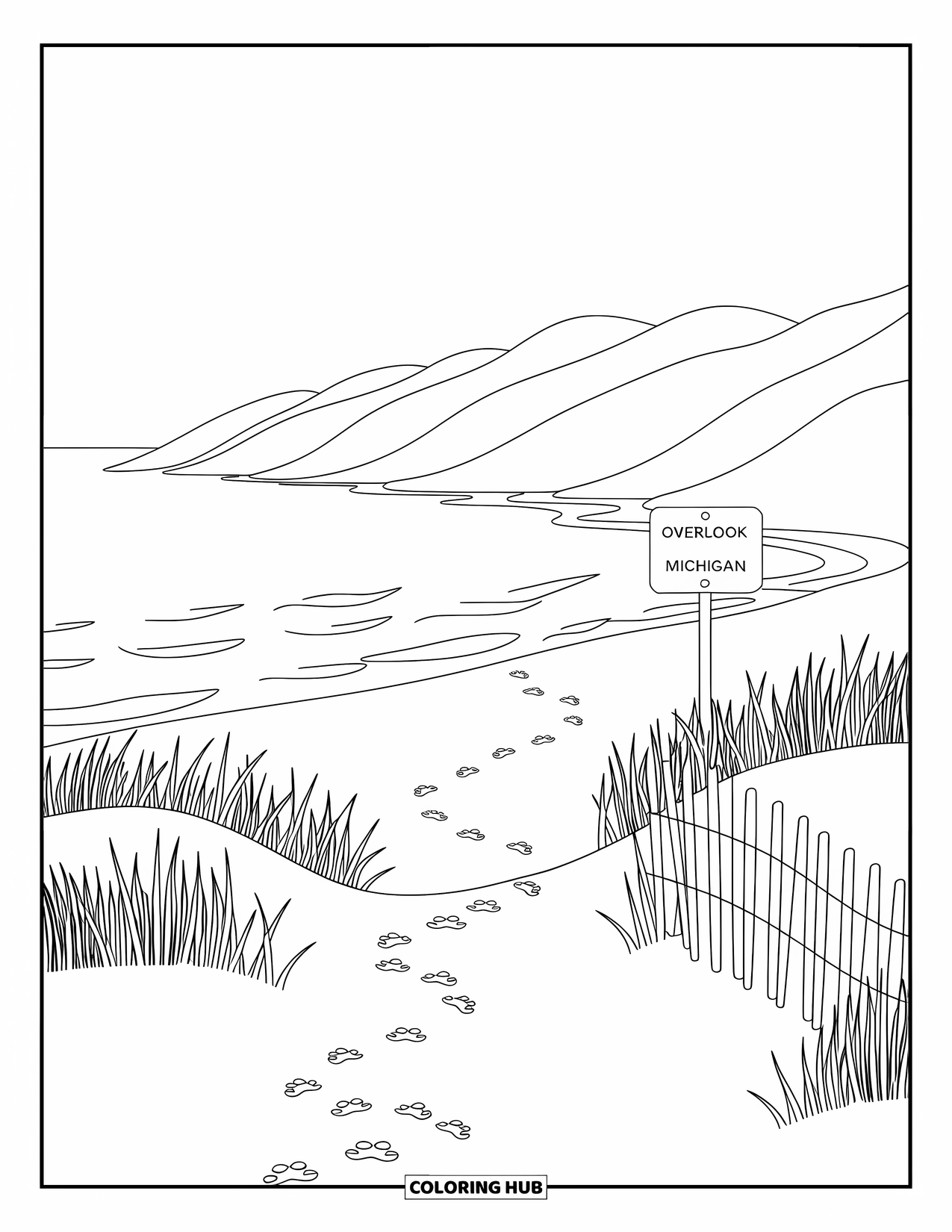 Michigan Coloring Page for Adults: Sleeping Bear Dunes with footprints leading to a wooden trail sign