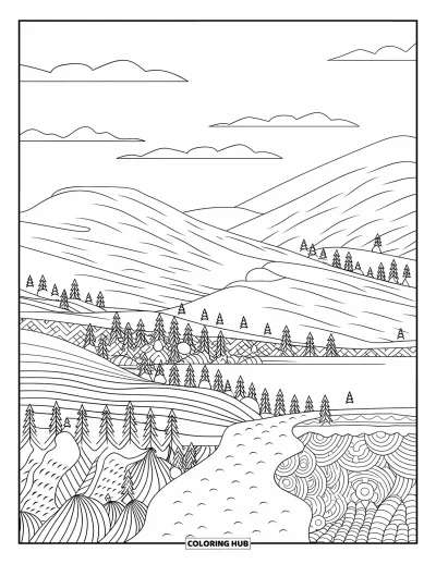 Coloriage du Michigan pour adultes : Dunes de Sleeping Bear avec des crêtes texturées, des arbres et des détails du ciel